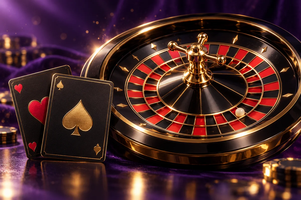 Gold and black roulette wheel with playing cards