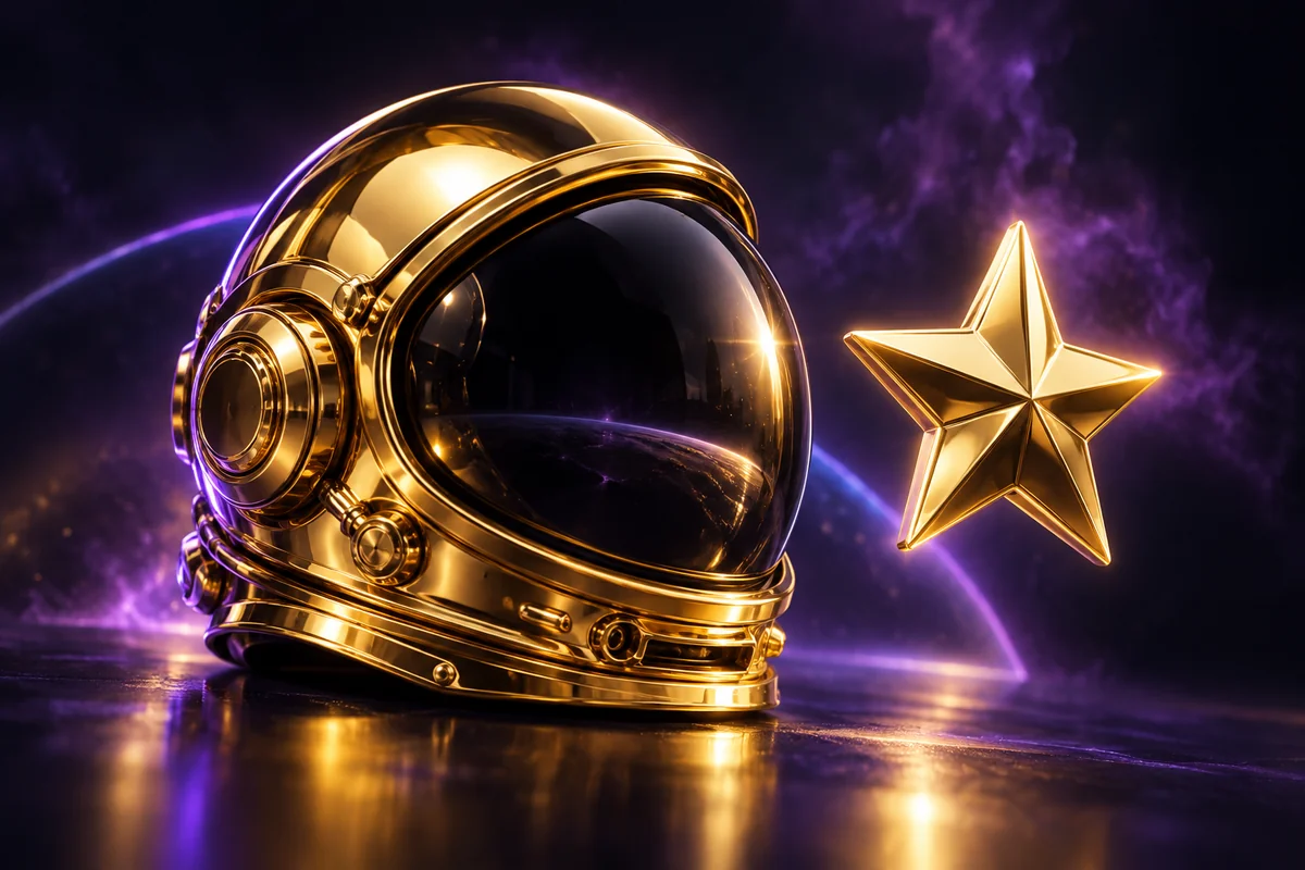 Gold astronaut helmet and star on a dark cosmic background